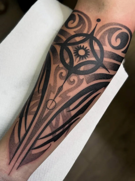 Big Geometric Tribal Swirls Sunburst Circles on Men Arm Tattoo by @rayetattoo
