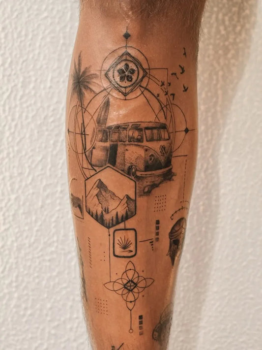 Big Geometric Van Mountain Palm on Men Leg Tattoo by @sukaytattoo.uluwatu