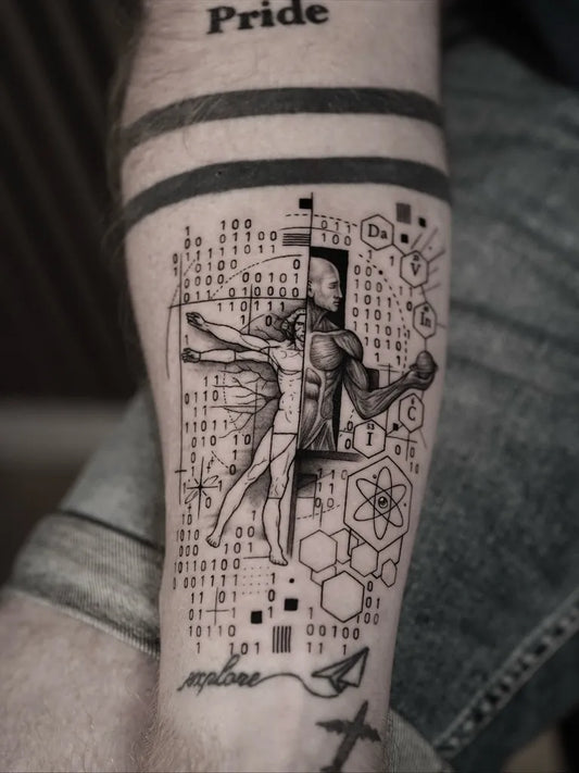 Big Geometric Vitruvian Man Binary Code Atom on Men Arm Tattoo by @tt.mink