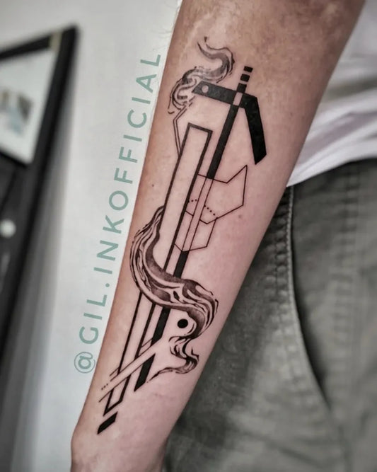 Big Geometric Wave Cross Symbol on Men Arm Tattoo by @gil.inkofficial
