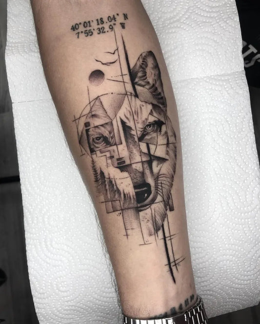 Big Geometric Wolf with Mountains and Sun on Men Leg Tattoo by @castle__tattoo