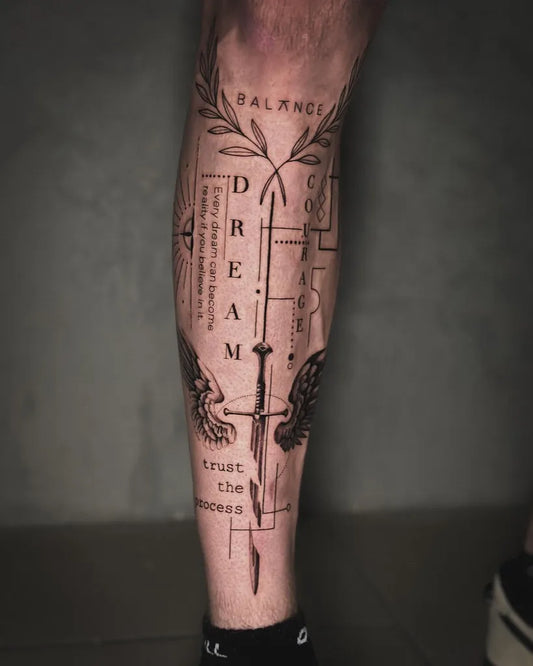 Big Geometric Words and Sword on Men Leg Tattoo by @banditotatz