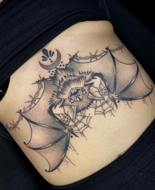 Big Gothic Bat and Barbed Wire on Women Sternum Tattoo by @taurus_designs08