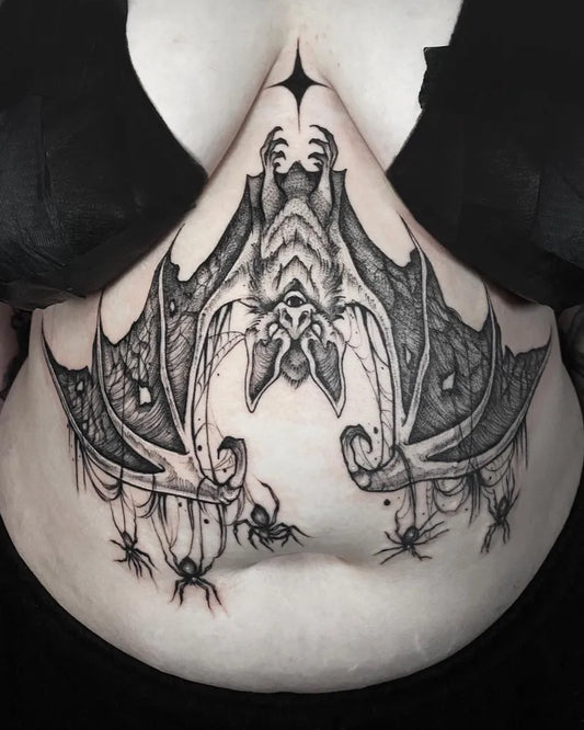 Big Gothic Bat and Spiders on Women Sternum Tattoo by @evi_berry_falcon