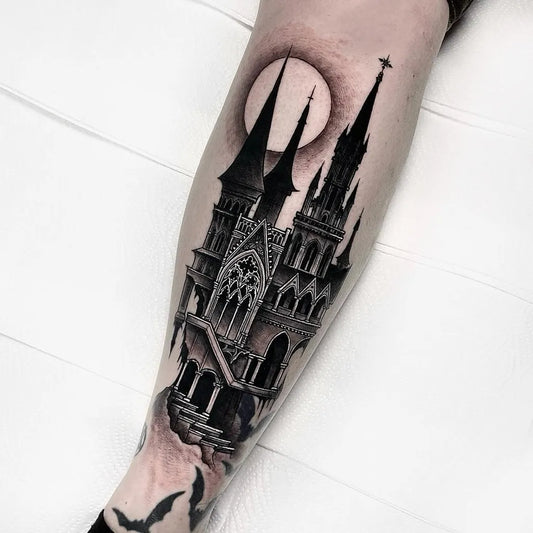 Big Gothic Castle Moon Bats Tattoo on Men Leg by @lunacy_tattoos