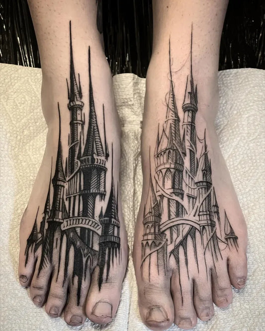 Big Gothic Castles Tattoo on Women Foot by @martinkellytattoo