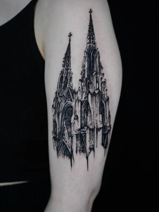 Big Gothic Cathedral Tattoo on Women Arm by @soulsandsinners