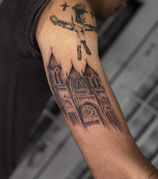 Big Gothic Cathedral with Crucifix Tattoo on Men Arm by @_marioluna