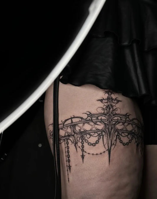 Big Gothic Cross on Women Leg Tattoo by @needlenele