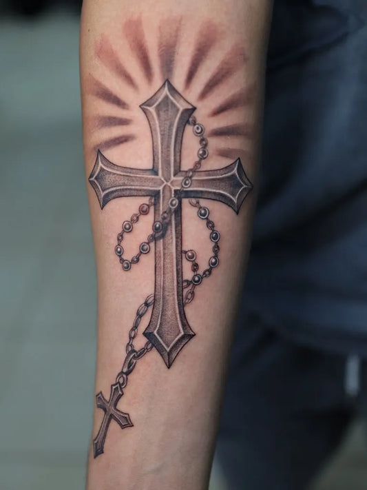 Big Gothic Cross with Rosary on Men Arm Tattoo by @iloveinkaruba