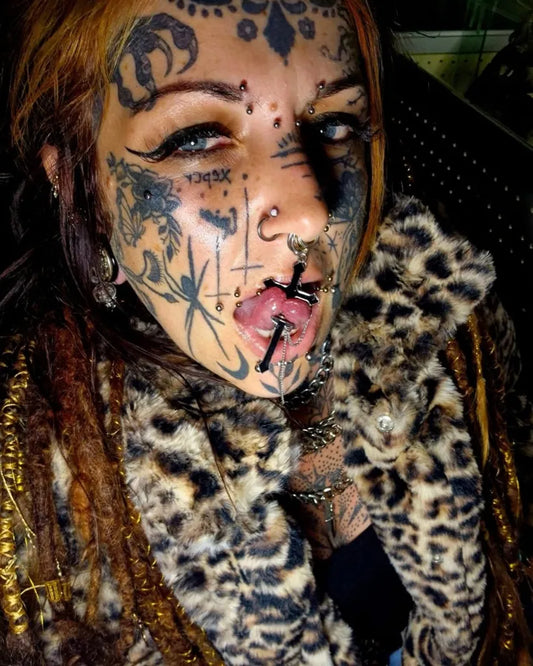 Big Gothic Crosses and Skulls on Women Face Tattoo by @vanadey_loky