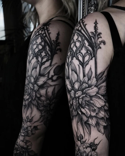Big Gothic Floral Gothic Arch Tattoo on Women Arm by @lydiasharonhughes
