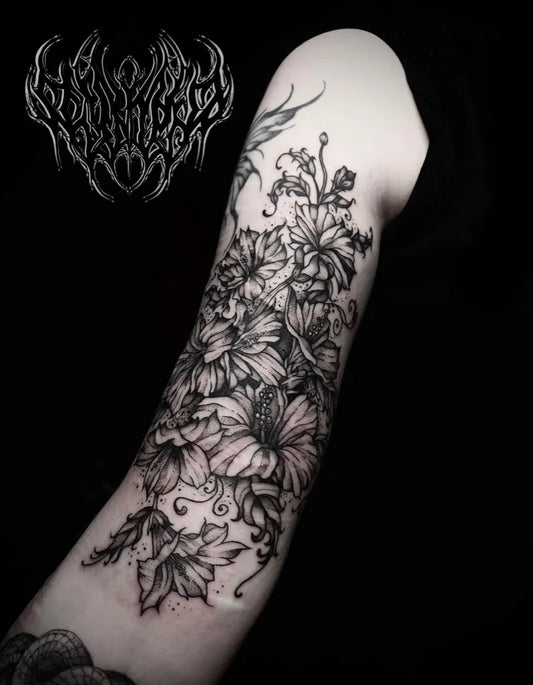 Big Gothic Flowers and Vines Tattoo on Women Arm by @scyth3ria