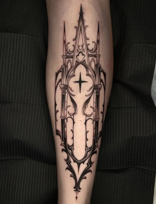 Big Gothic Gothic Archway Tattoo on Men Thigh by @thecursedmagus