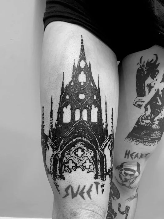 Big Gothic Gothic Castle Tattoo on Women Thigh by @fry.tattoo