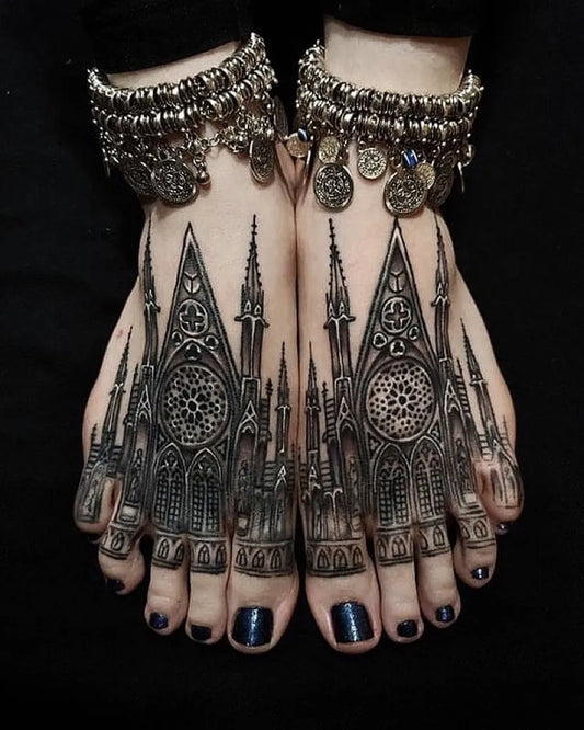 Big Gothic Gothic Cathedrals Tattoo on Women Feet by @punkrave.ch