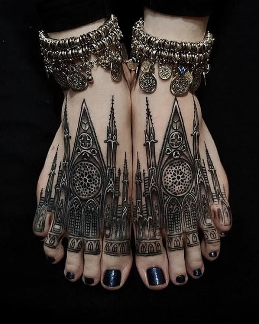 Big Gothic Gothic Cathedrals Tattoo on Women Feet by @splashalternative
