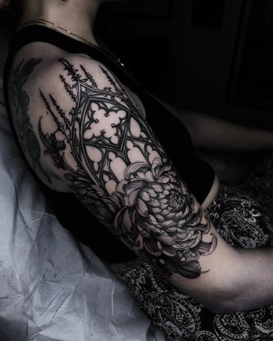 Big Gothic Gothic Window Chrysanthemum Forest Tattoo on Women Shoulder by @lydiasharonhughes