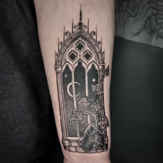Big Gothic Gothic Window with Moon and Ivy Tattoo on Men Arm by @dorota_belch_ink
