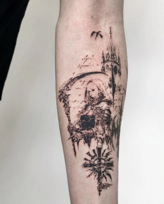 Big Gothic GothicWomanWithScytheAndCastle Tattoo on Women Arm by @duome.tatt