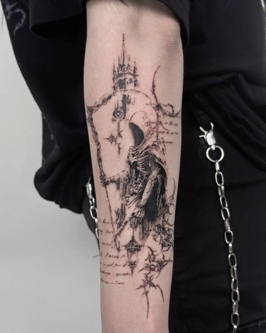 Big Gothic Hooded Figure with Castle and Script Tattoo on Men Arm by @duome.tatt