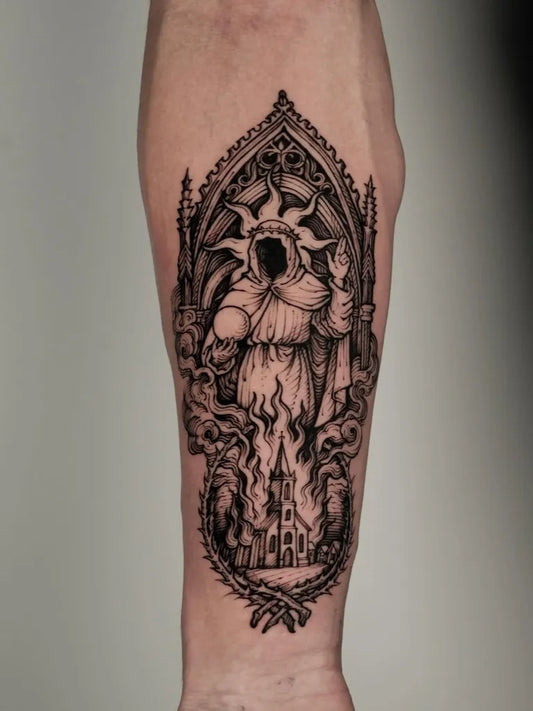Big Gothic HoodedFigureInGothicWindowWithFlames Tattoo on Men Arm by @vox.maeot