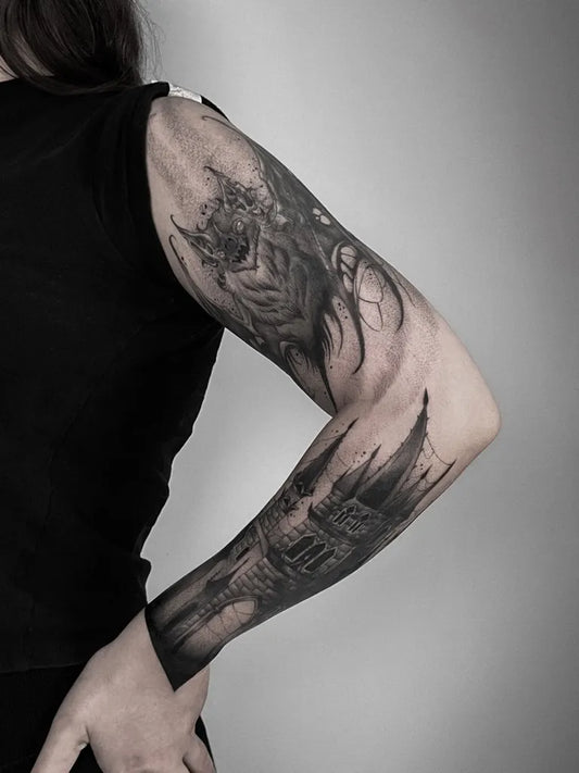 Big Gothic Rose Castle Tattoo on Women Arm by @nocturnal__tattoo