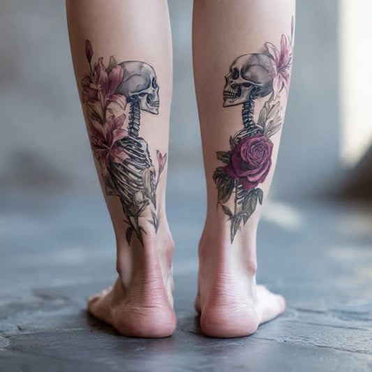 Big Gothic Skull Flowers Tattoo on Women Legs by @skulls.lover
