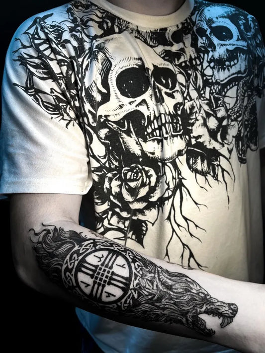 Big Gothic Skull Wolf Roses Tattoo on Men Arm by @sedy_tattoo