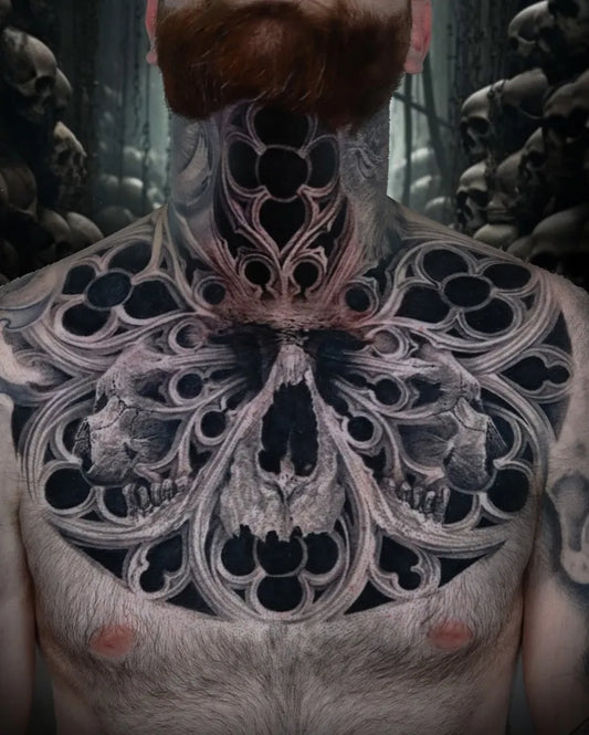 Big Gothic Skull and Hearts on Men Chest Tattoo by @jimleclerctattoo