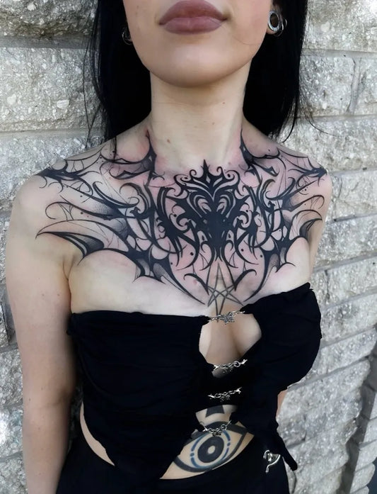 Big Gothic Spider on Women Chest Tattoo by @dahlia.tattoos