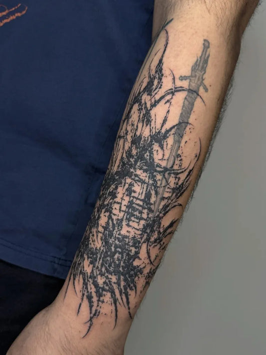Big Gothic Sword and Vines Tattoo on Men Arm by @miserymilkshake
