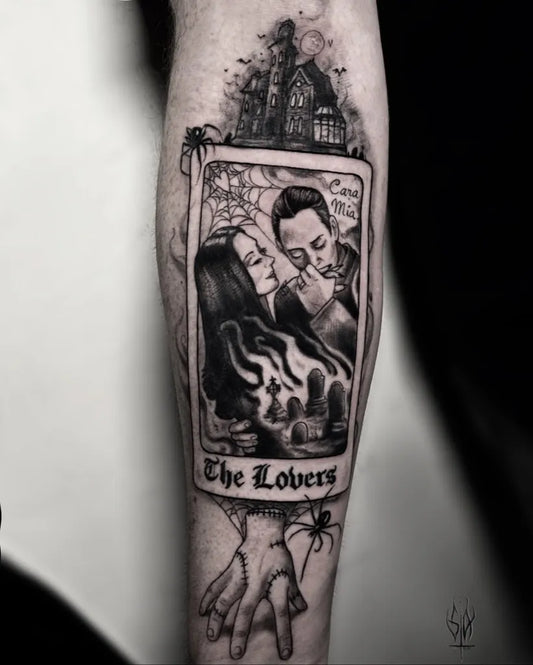 Big Gothic Tarot Lovers Card with Haunted House Tattoo on Men Arm by @samantha_arap_tattoo
