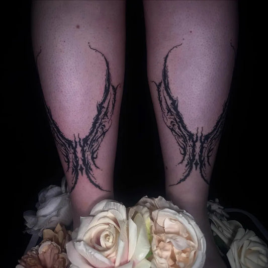 Big Gothic Wings Tattoo on Women Legs by @skittykittykitty