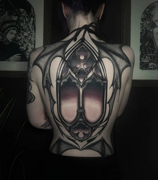 Big Gothic Wings and Gothic Window on Women Back Tattoo by @xia_tattoo