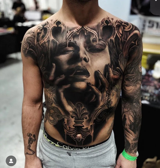 Big Gothic Womans Face and Ornate Patterns on Men Chest Tattoo by @firthjonny