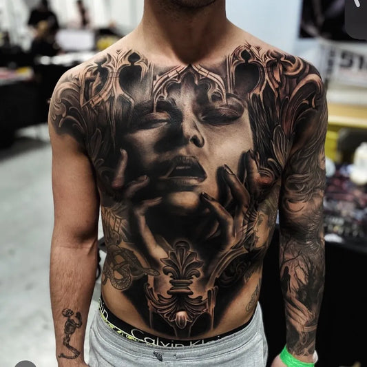 Big Gothic Womans Face and Ornate Patterns on Men Chest Tattoo by @sorrymumstudio