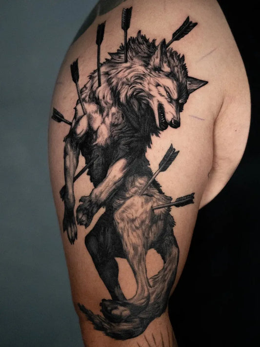 Big Gothic Wounded Wolf Tattoo on Men Shoulder by @g.yawny