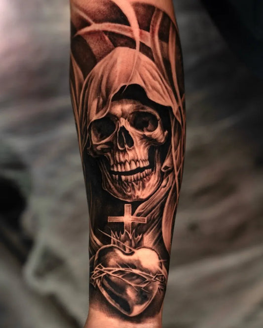 Big Grim Shading Skull Hood Cross Heart on Men Arm Tattoo by @seventattoovegas