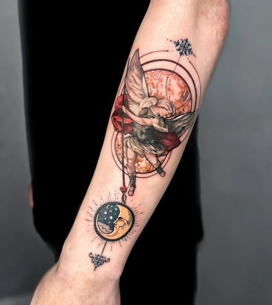 Big Illustrative Angel with Celestial Mandala Spiritual Tattoo on Men Arm by @luoyo_tattoo