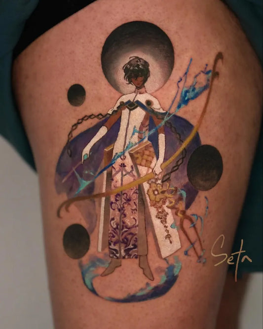 Big Illustrative Anime Figure with Chains and Orbs Tattoo on Women Thigh by @seta_tt