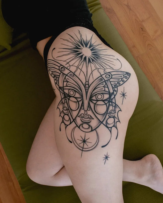 Illustrative Butterfly on Women Thigh Tattoo by @irvin_hernandez