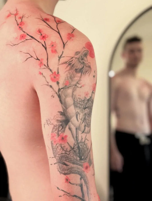 Big Illustrative Cherry Blossom Wolf Woman on Men Shoulder Tattoo by @craft.tattooer