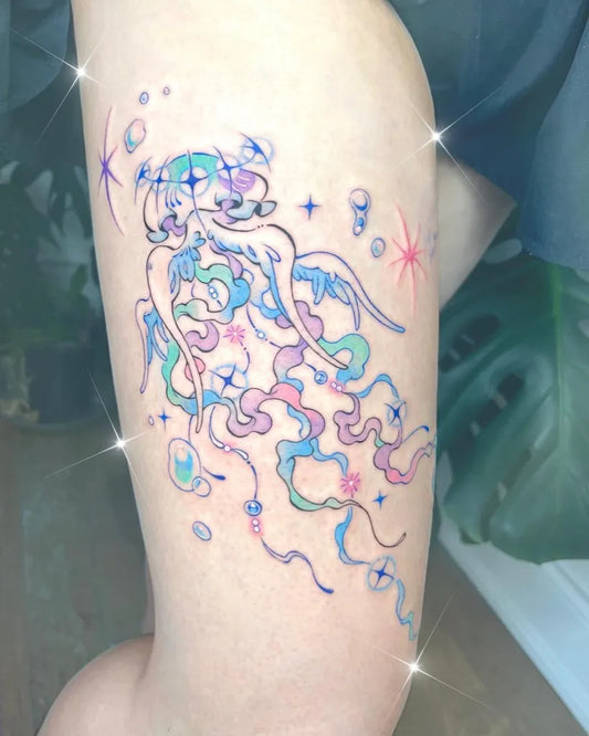 Big Illustrative Colorful Jellyfish Tattoo on Women Thigh by @sharkeeea_tt
