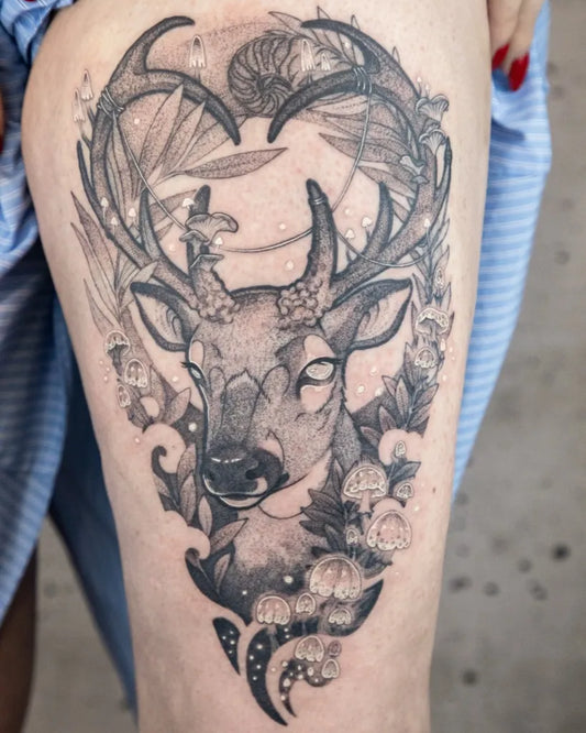 Big Illustrative Deer with Mushrooms and Flowers Tattoo on Women Thigh by @ondaground_uk