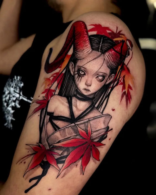 Big Illustrative Demon Girl with Maple Leaves on Men Shoulder Tattoo by @tattoosfolder