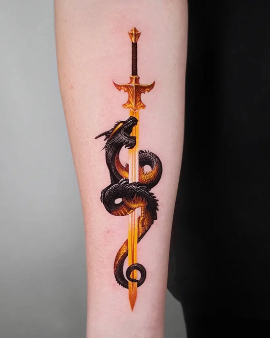 Big Illustrative Dragon Sword on Women Arm Tattoo by @tattooassist