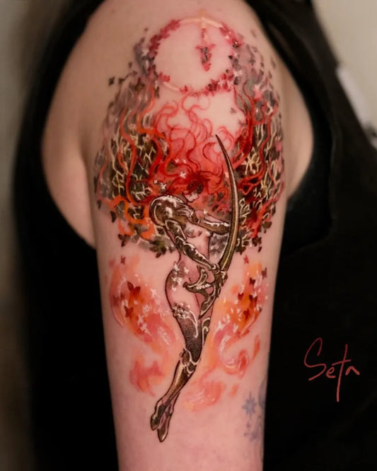 Big Illustrative Flaming Woman Tattoo on Women Shoulder by @seta_tt