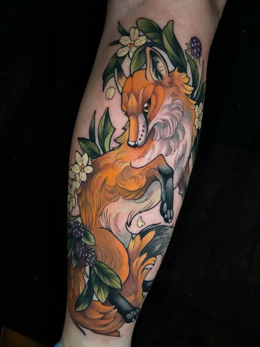 Big Illustrative Fox with Flowers and Berries Tattoo on Women Leg by @haileymblopez