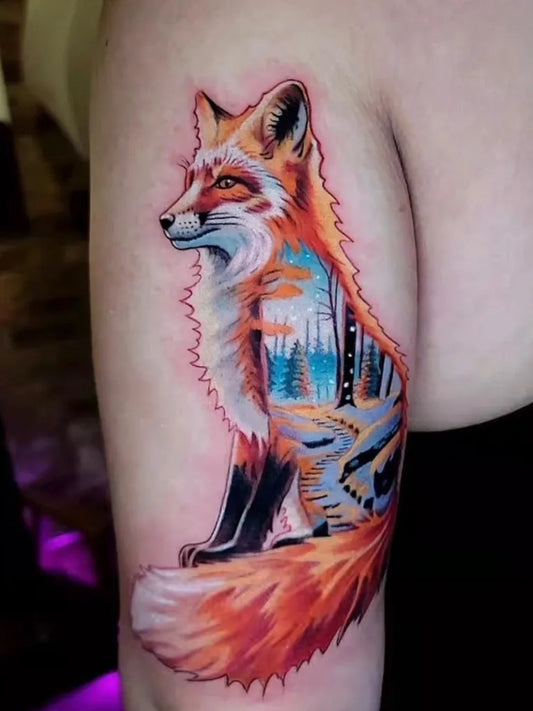 Big Illustrative Fox with Forest Landscape Tattoo on Women Arm by @maydaytattooco